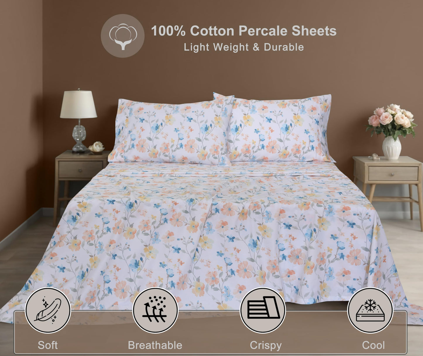 ZOYER 100% Cotton Sheets – Full Size Percale Bedding, Cooling & Breathable, Durable with a Crisp, Soft & Comfortable Feel, 16" Deep Pocket, 4-Piece Set, Summer Spring