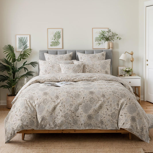 FADFAY Light Khaki Vintage Hydrangea Floral Duvet Cover Set King/Cal King Size Premium 100% Brushed Cotton Shabby Peony Pattern Bedding Zipper Bed Cover with 2 Pillowcases Luxury Daisy Soft 3pcs