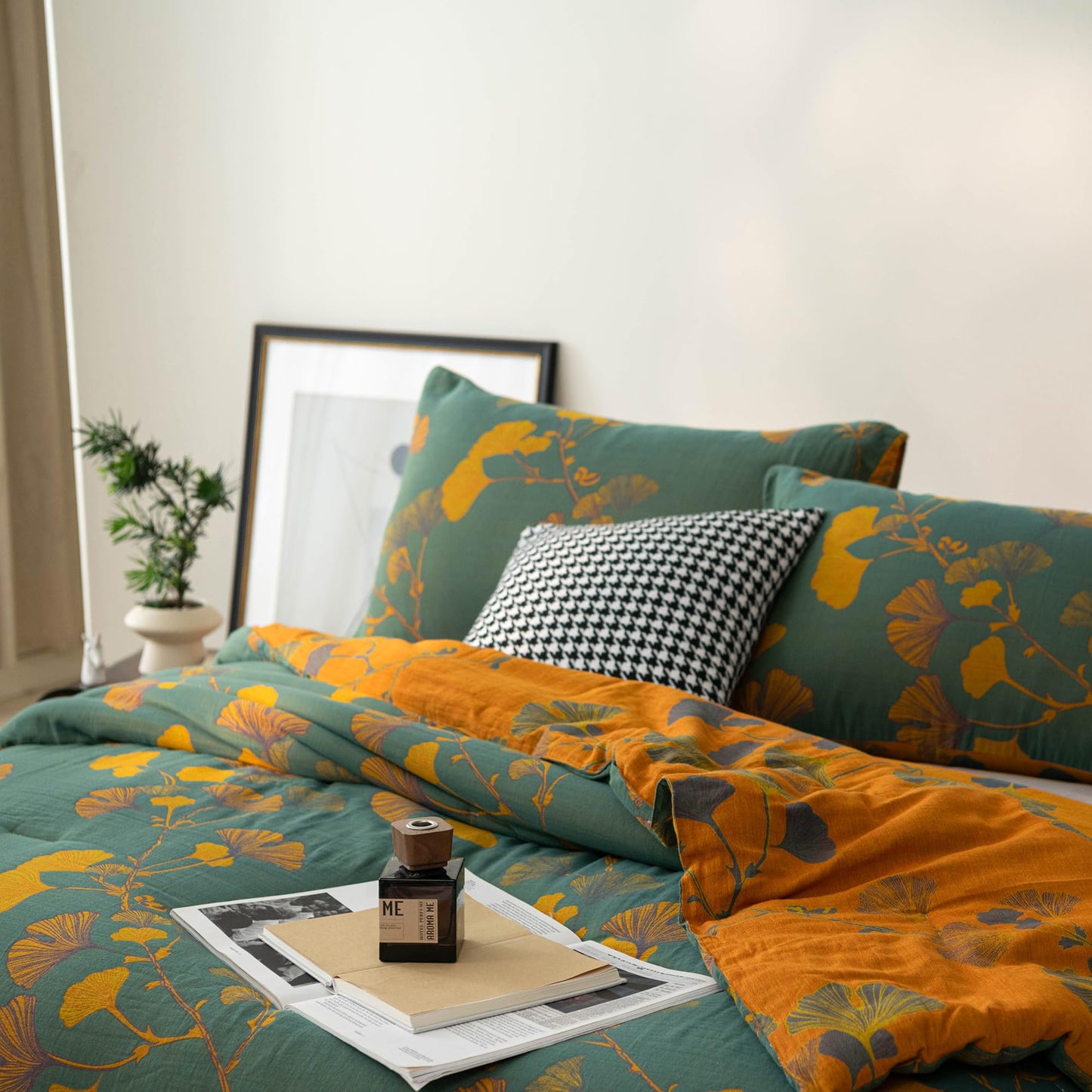 Purefair 100% Cotton Muslin Jacquard Comforter Set, Floral Ginkgo Leaves Print, Soft Lightweight Reversible 3 Piece Bedding Sets for All Season, Green Yellow, Full/Queen(90"x90")