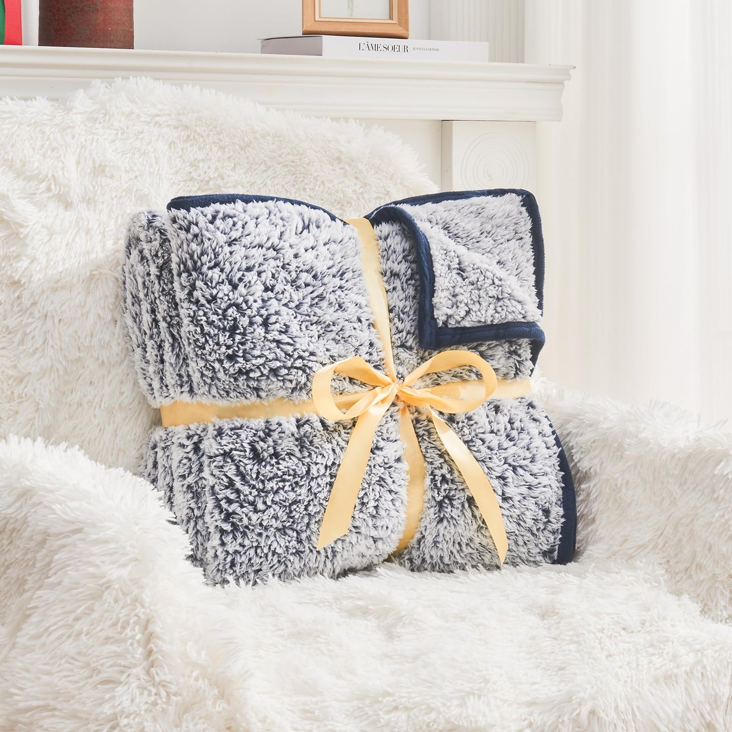 EMME Soft Sherpa Fleece Blanket Reversible Plush Fluffy Large Blanket, Light Weight Warm Decorative Boho Blanket Cover for Sofa, Couch, Bedroom,Travel(Plush Navy,108"x90")