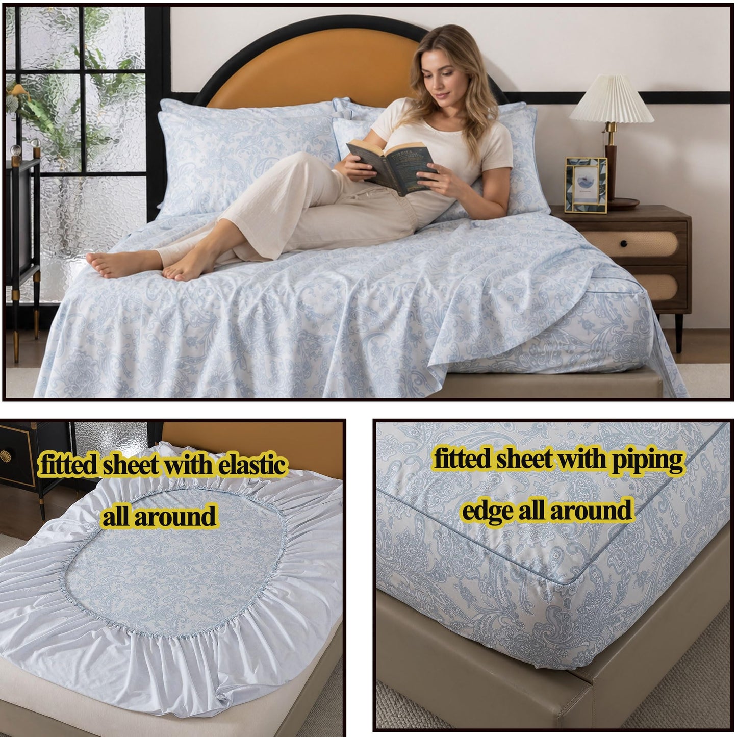 FADFAY Sheets Set Full 100% Cotton, 4-Piece Shabby Paisley Floral Bedding Light Blue Boho Paisley Bed Sheet Set, Vintage Farmhouse Bedding Soft & Breathable Deep Pocket Fitted Sheet for All Seasons