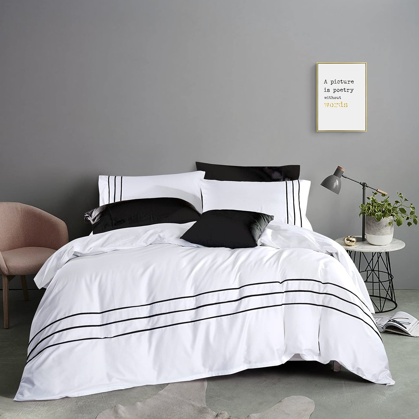 MengBoo Karen Duvet Cover Set 3 pcs(1 Duvet Cover+2 Pillowcases) 100% Cotton Sateen Woven White Background with Black Stripe Zipper Closure(White Black,Queen)