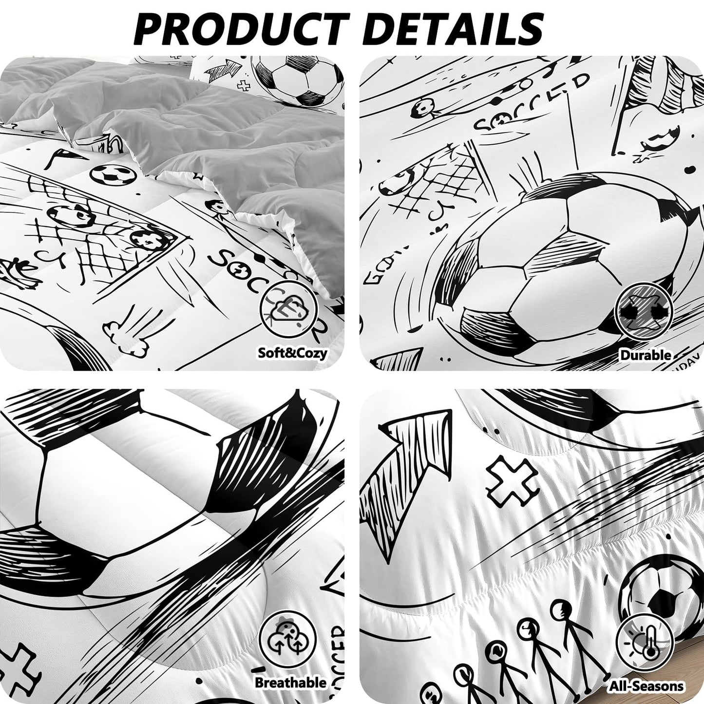 HICAND 5 Pcs Soccer Full Bedding Set for Boys Teens, Full Size Sports Sketch Style Soccer Boys Comforter Set with Sheets
