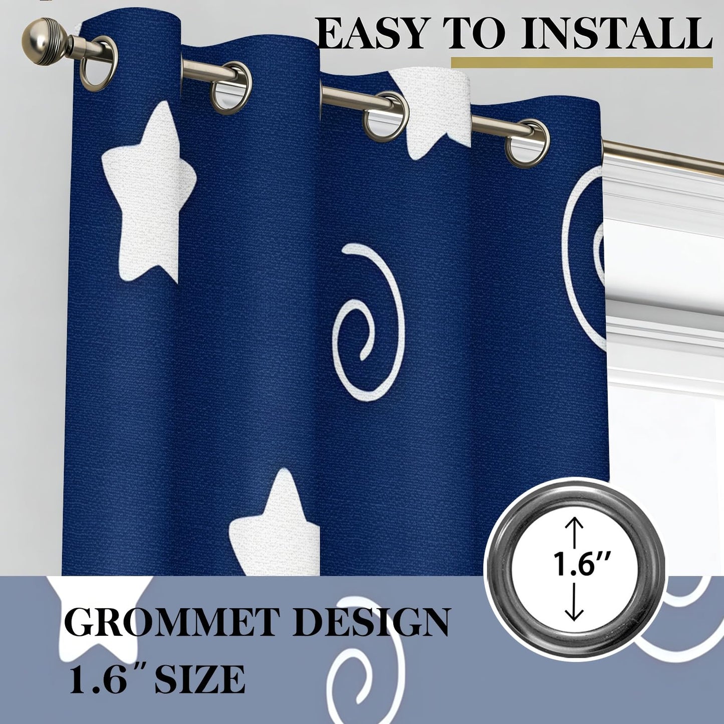 MBVZGUK Navy Blue Starry Sky Grommet Curtains Blackout, 63 Inch Long 2 Panels, Cute White Star Night Swirls Room Darkening Drapes for Nursery, Thermal Insulated Night Sky Curtains for Room Decor