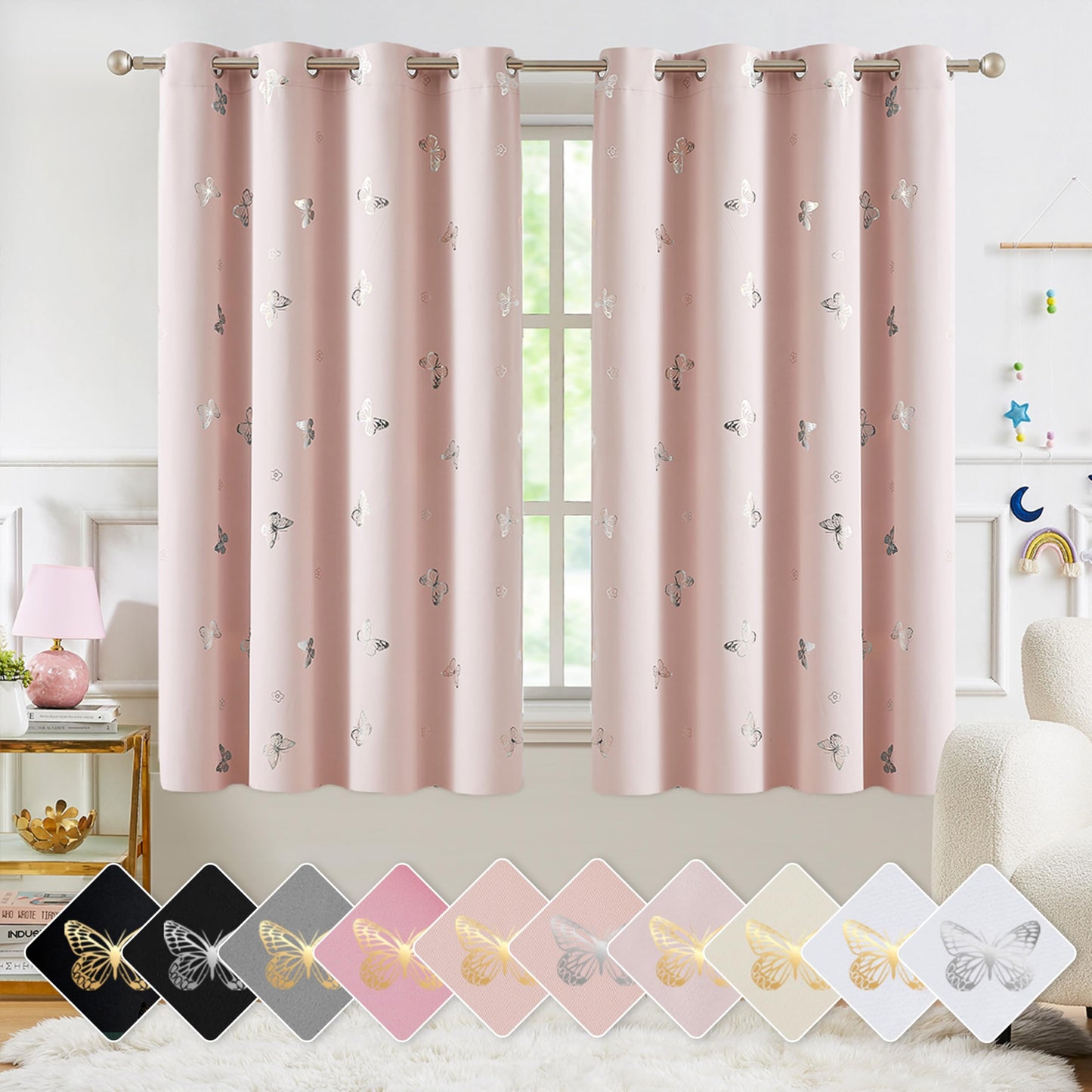 Jubilantex Pink Metallic Silver Butterfly Blackout Curtains 54" Long for Small Window Girls Bedroom Nursery Window Curtains,Grommet Top 2 Panels