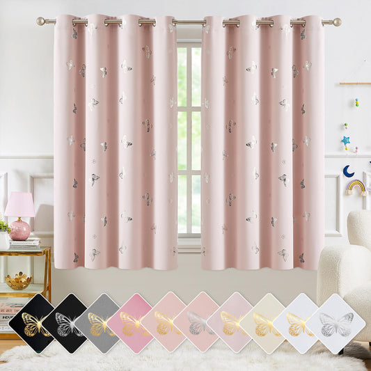 Jubilantex Pink Metallic Silver Butterfly Blackout Curtains 54" Long for Small Window Girls Bedroom Nursery Window Curtains,Grommet Top 2 Panels