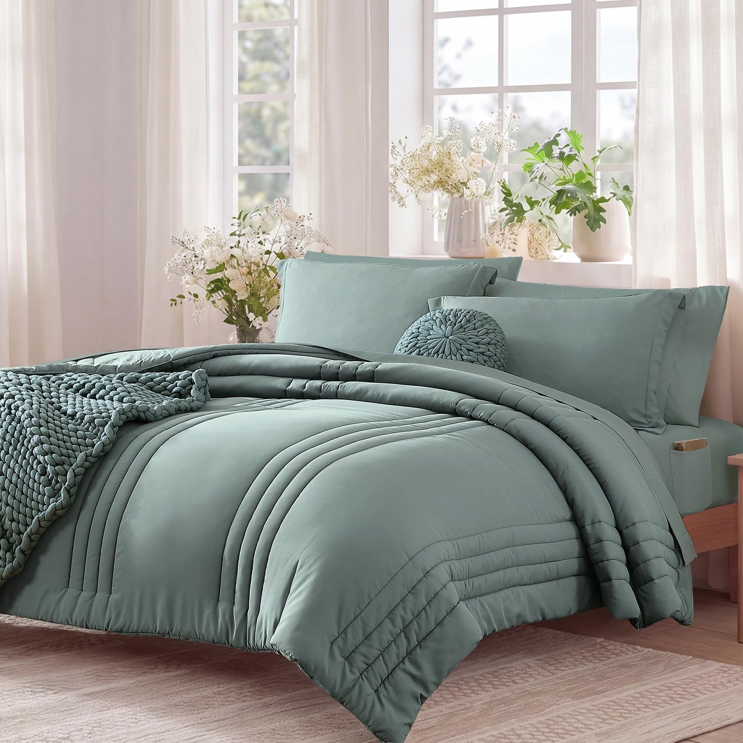 Monbix Queen Comforter Set - 7 Pieces Sage Green Bed in a Bag Queen Bedding Sets with Comforters, All Seasons Comforter Bed Set with Sheets,Pillowcases & Shams