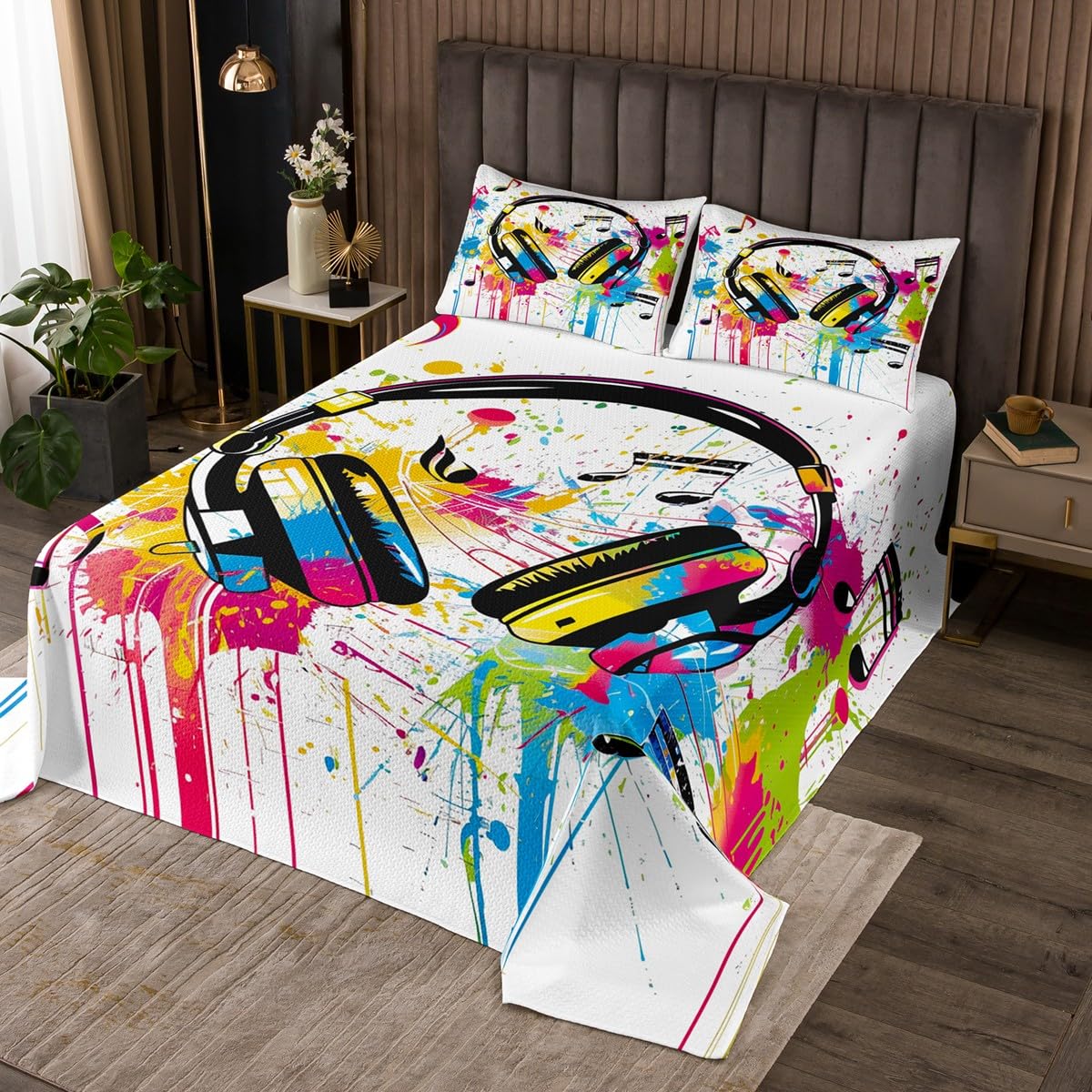 Homewish Cool Headset Bedspread King Size,Video Games Bedding Set 3Pcs for Kids Girls Boys Adult Room Decor,Music Lover Quilt Comforter Fashion Modern Coverlet,2 Pillowcases
