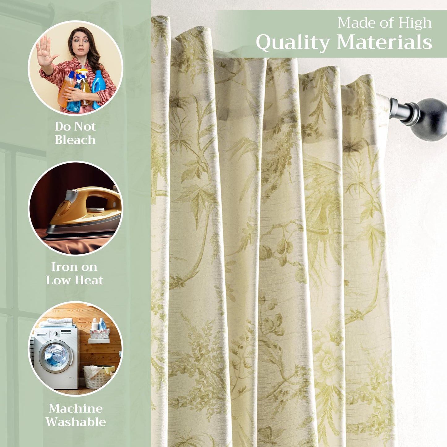 Maison d' Hermine Curtains for Living Room 100% Cotton 96 inch Length One Panel Light Filtering Toile Curtains for Bedroom Windows with Rod and Loop Pockets Drapes (Paradise Sage, 50" W x 96" L)