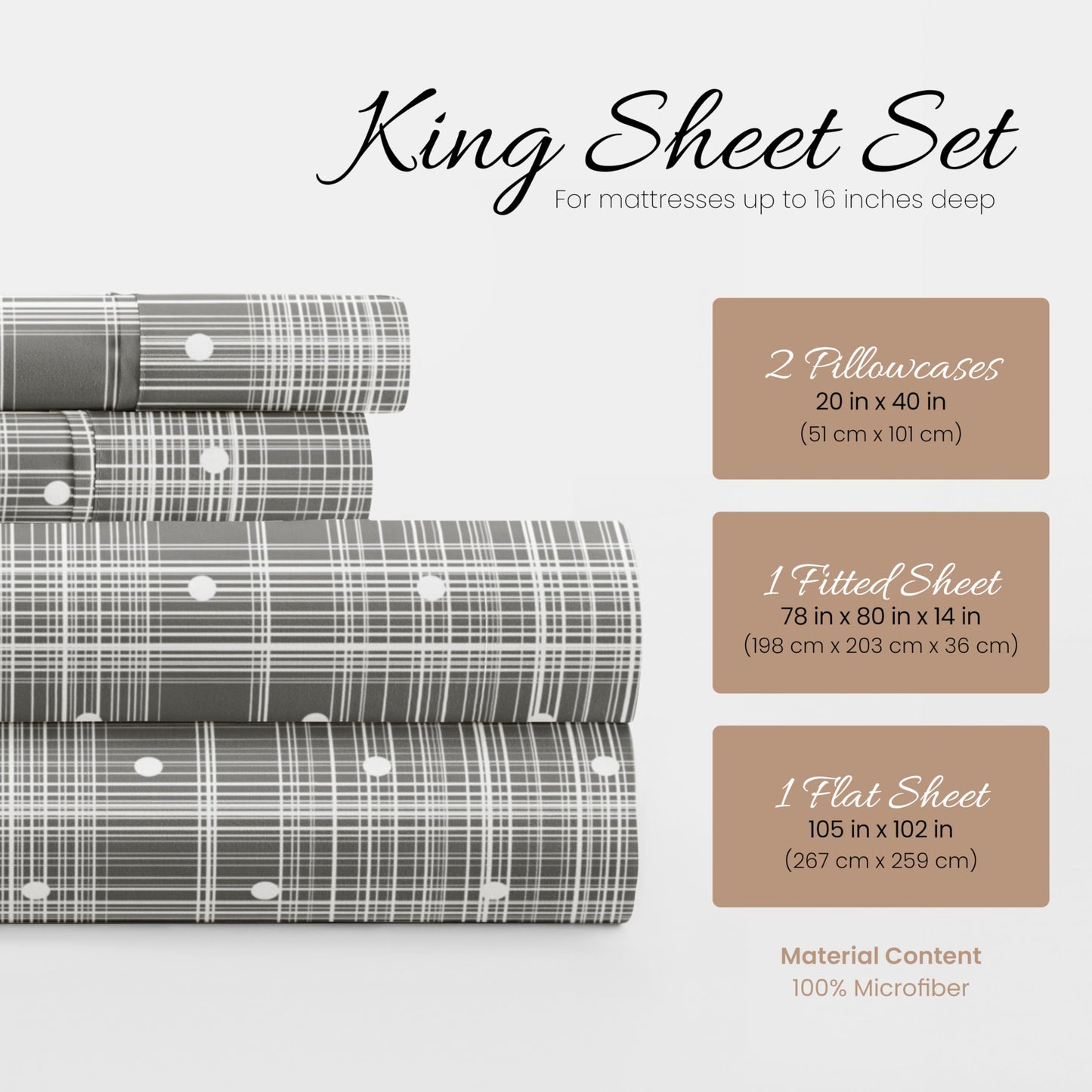 Linen Market 4 Piece King Sheet Set - Breathable, Double-Brushed Patterned Cooling Sheets – Oeko-TEX Certified Ultra Soft & Wrinkle-Free 16" Deep-Pocket King Sheets - Easy Care Polka Dot Gray