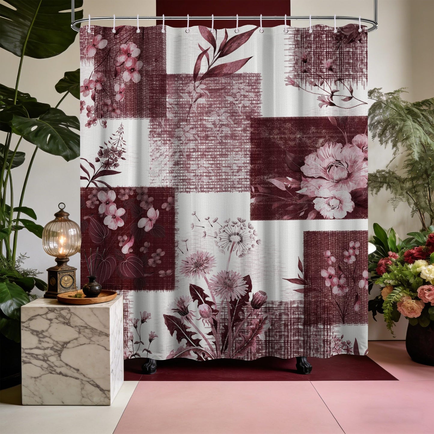DLTAY Burgundy Patchwork Shower Curtain, 70 X 72 Inches