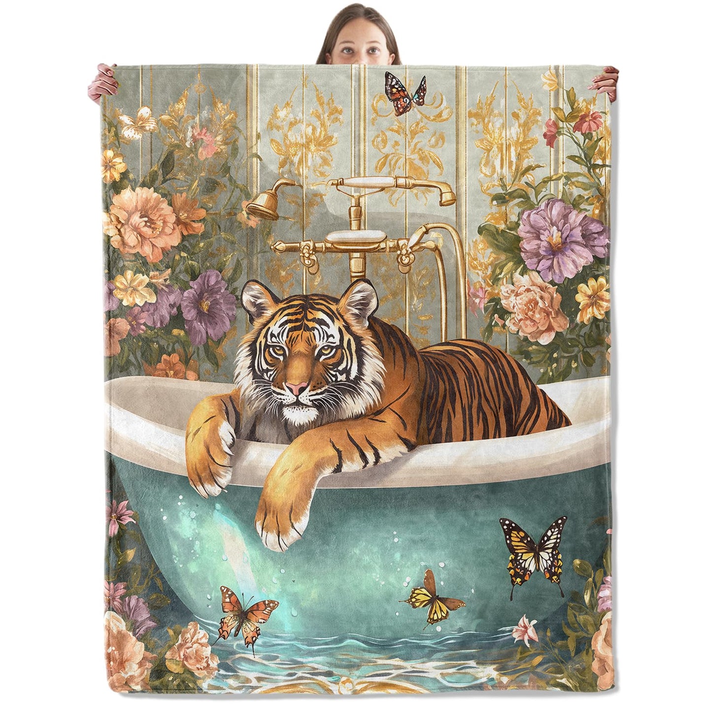 xmwjfd Relaxing Tiger in Bathtub Blanket, Cozy Plush Butterflies & Flowers Throw Blanket for Couch Bedroom Outdoor, Lightweight Soft Flannel Travel Blankets, Gifts for Women Kids, Warm Decor 50"×60"