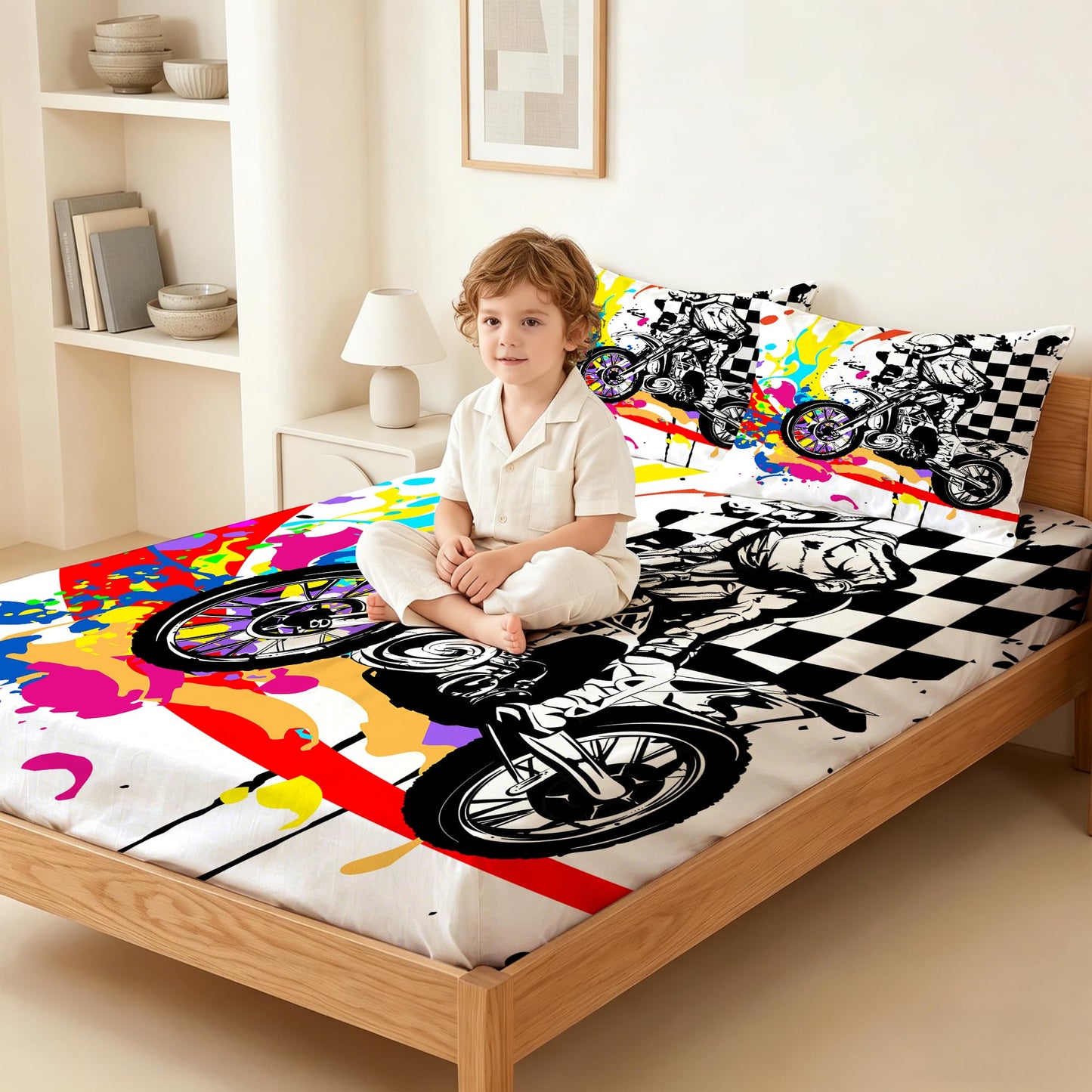 VTKON Motocross Fitted Sheet Set Twin Size Dirt Bike Bed Set for Boys Teens Graffiti Style Motorcycle Rider Sheets Black White Checkered Bed Cover with 1 Flat Sheet, 1 Fitted Sheet + 1 Pillowcase
