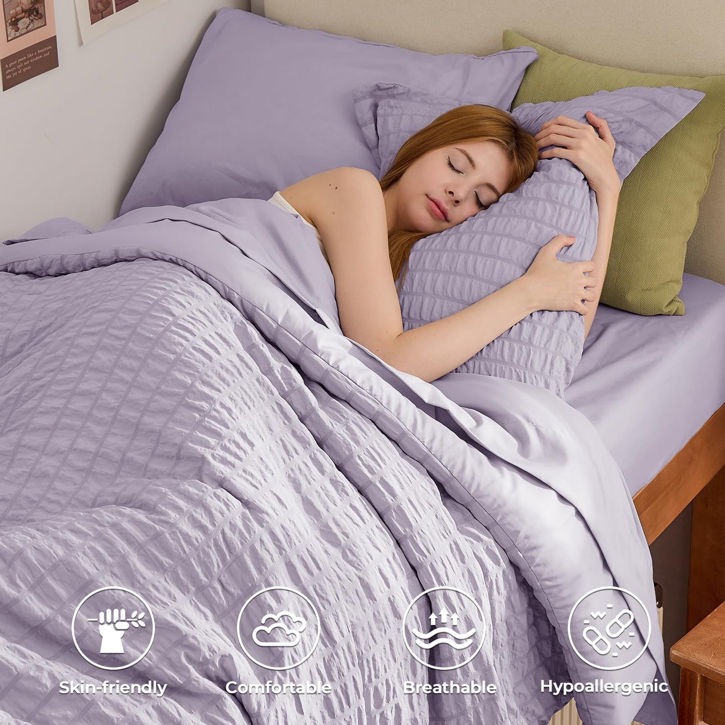 HYMOKEGE Lavender Twin Comforter Set Seersucker 5 Pieces, All Season Luxury Bed in a Bag for Bedroom, Bedding Set with Comforters, Sheets, Pillowcase & Shams