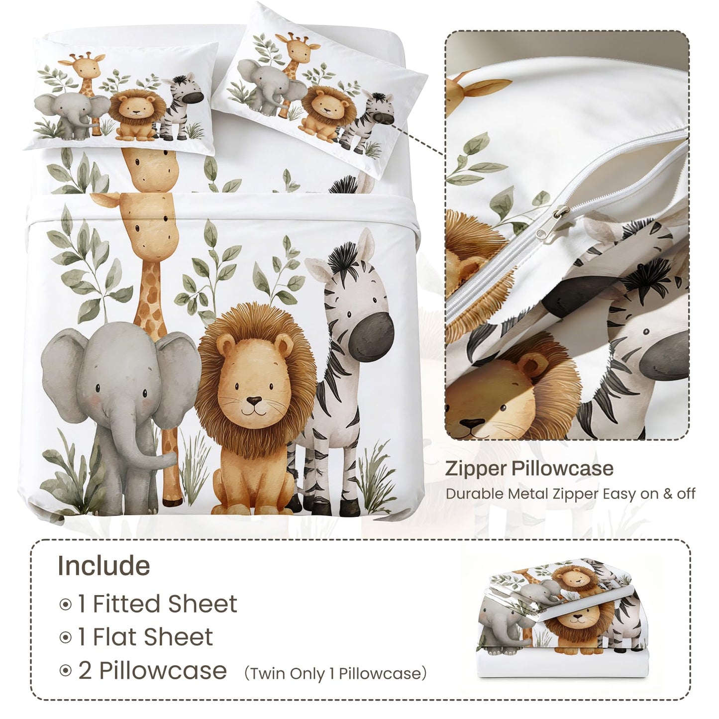 Jungle Animal Bedding Set 3 Pcs Kids Wildlife Twin Sheets