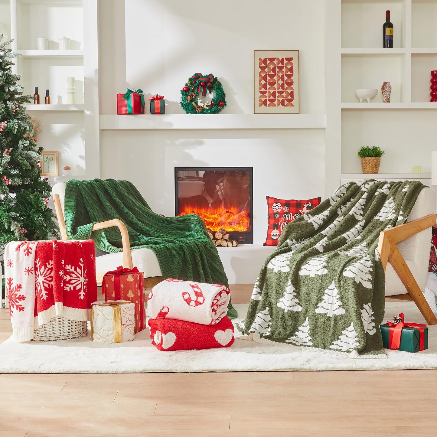 Douceur Christmas Snowflake Throw Blanket, Ultra Soft Red Fluffy Festival Blanket, Reversible Cozy Decorative Blanket for Bed Couch Sofa, Super Soft Indoor Living Room Plush Throws, 50"X60"