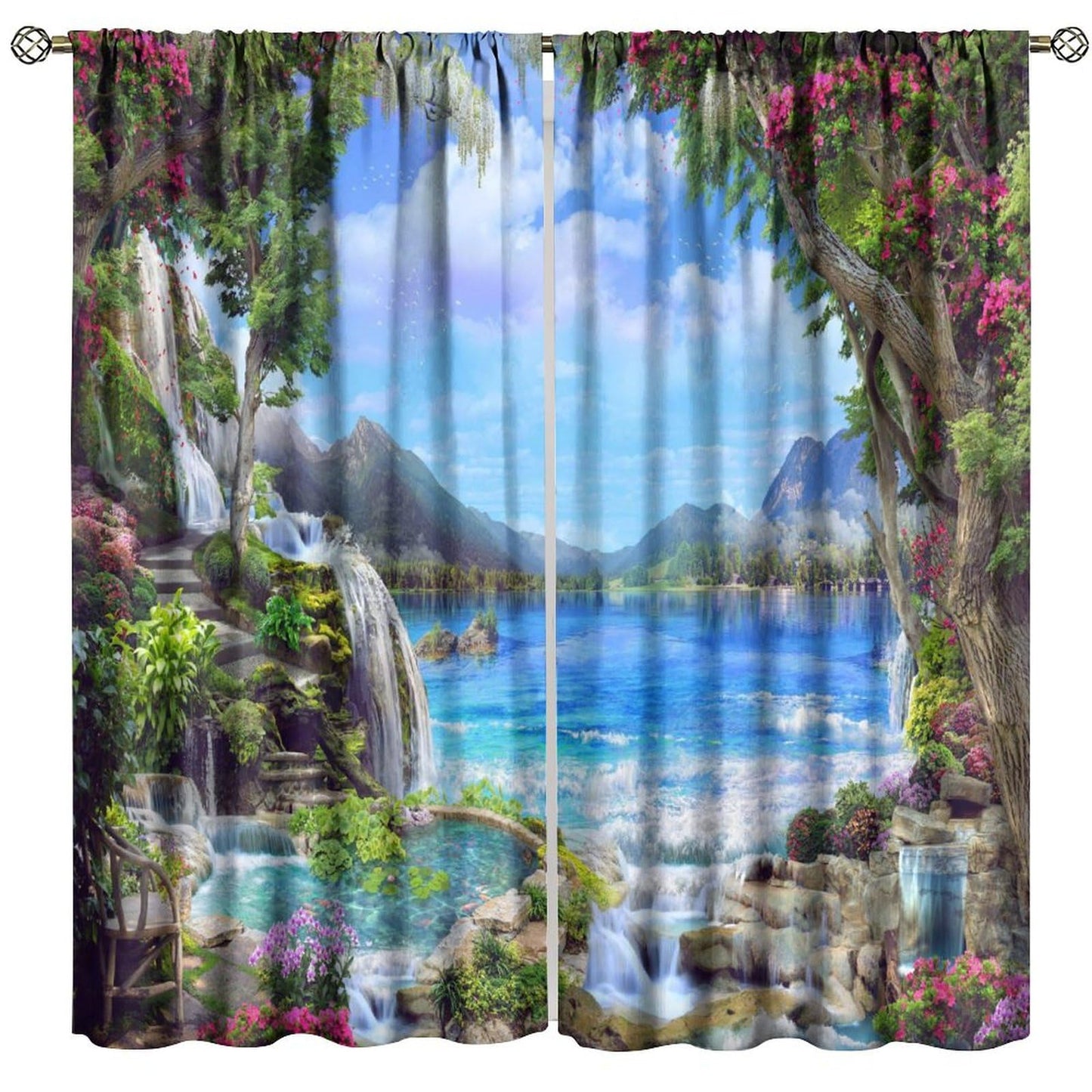 Forest Landscape Curtains, Nature Waterfall Scenery Floral River Falls Style Window Drapes, for Living Room Bedroom 42" W X 45" L (Decorative)