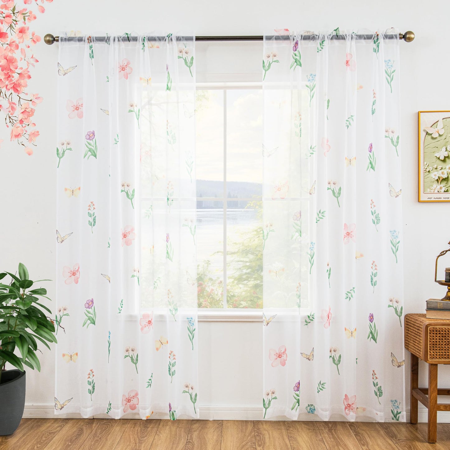 youleyar Floral Sheer Curtains for Living Room 84 Inches Long 2 Panels White Semi-Sheer Curtain with Flower/Leaves Printed Pattern Summer/Spring Rod Pocket Voile Drapes for Bedroom, 52" W x 84" L