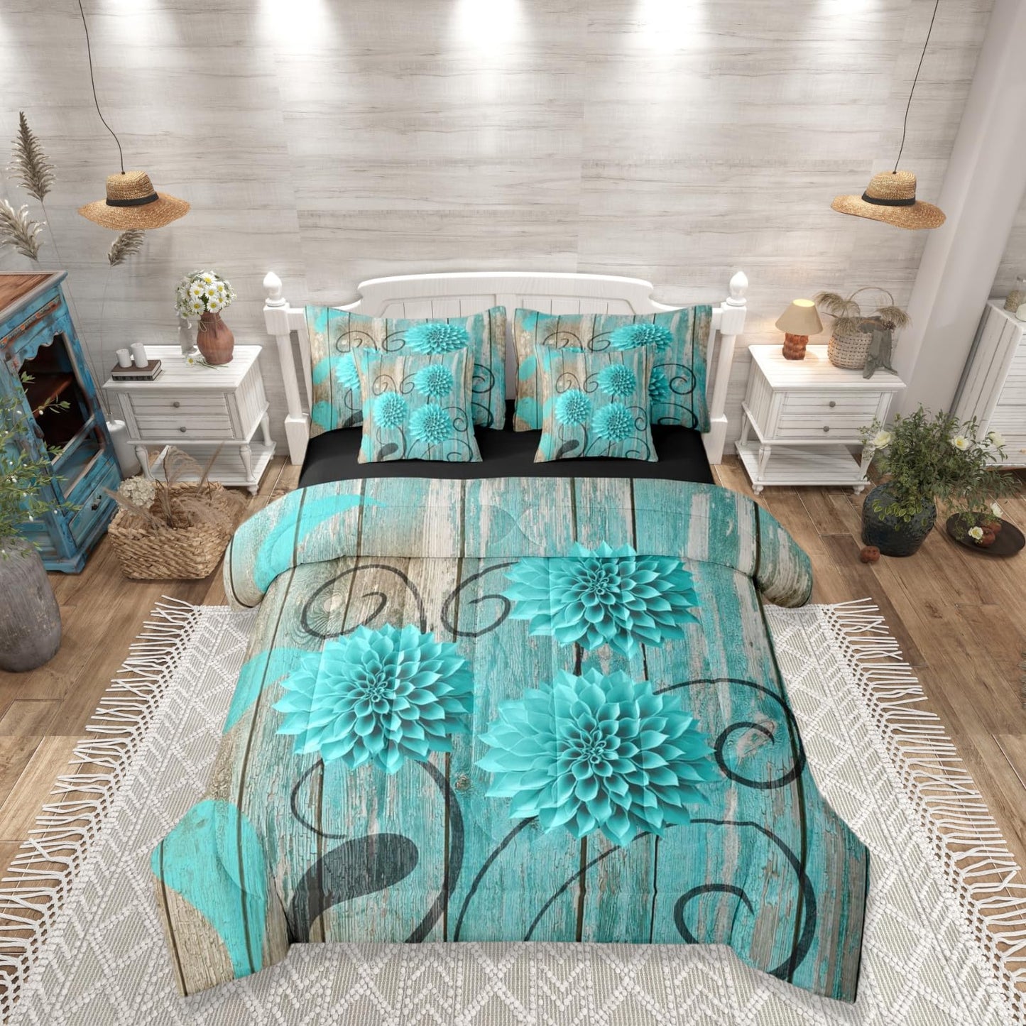 Erosebridal Teal Farmhouse Dahlia 7 Piece Comforter Set Queen | Daisy Floral Boho Bed in A Bag Turquoise Floral Sheet Set Breathable Lightweight Rustic Flower Abstract Fitted Sheet