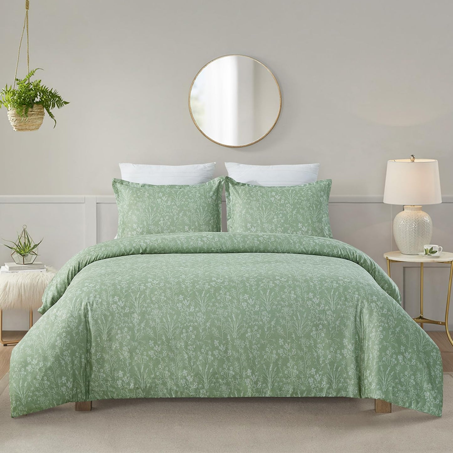 Vaulia Soft Microfiber Floral Duvet Cover King Size, Green Chic Print Pattern, Lightweight and Breathable Reversible Design, 3-Piece Set (1 Duvet Cover 2 Pillow Shams)