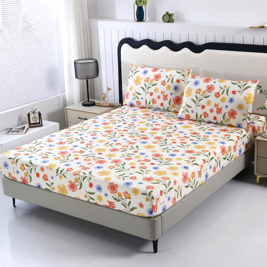 SDIII Reindeer and Floral Twin Fitted Sheet with 2 Pillowcases, Deep Pocket Soft Microfiber Fawn and Floral Sheet Twin Size All Season