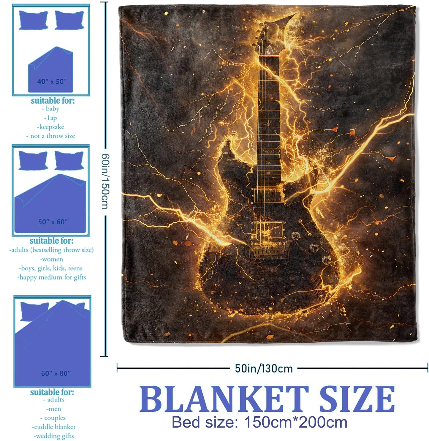Plistiz Fiery Electric Guitar Throw Blanket 50"x60", Rock Music Theme Blankets for Living Room Couch, Home, Sofa Decor, Soft Flannel Guitar Gifts for Women