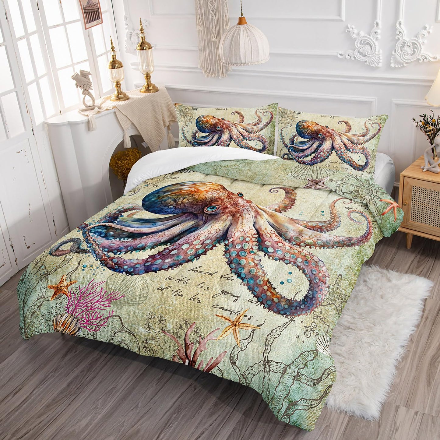 XYNHML Retro Octopus Comforter Set Twin Size 3Pcs Nautical Coastal Compass Bedding Set Starfish Jellyfish Seaweed Quilt Bed Set for Boys Girls with 1 Comforter and 2 Pillowcases