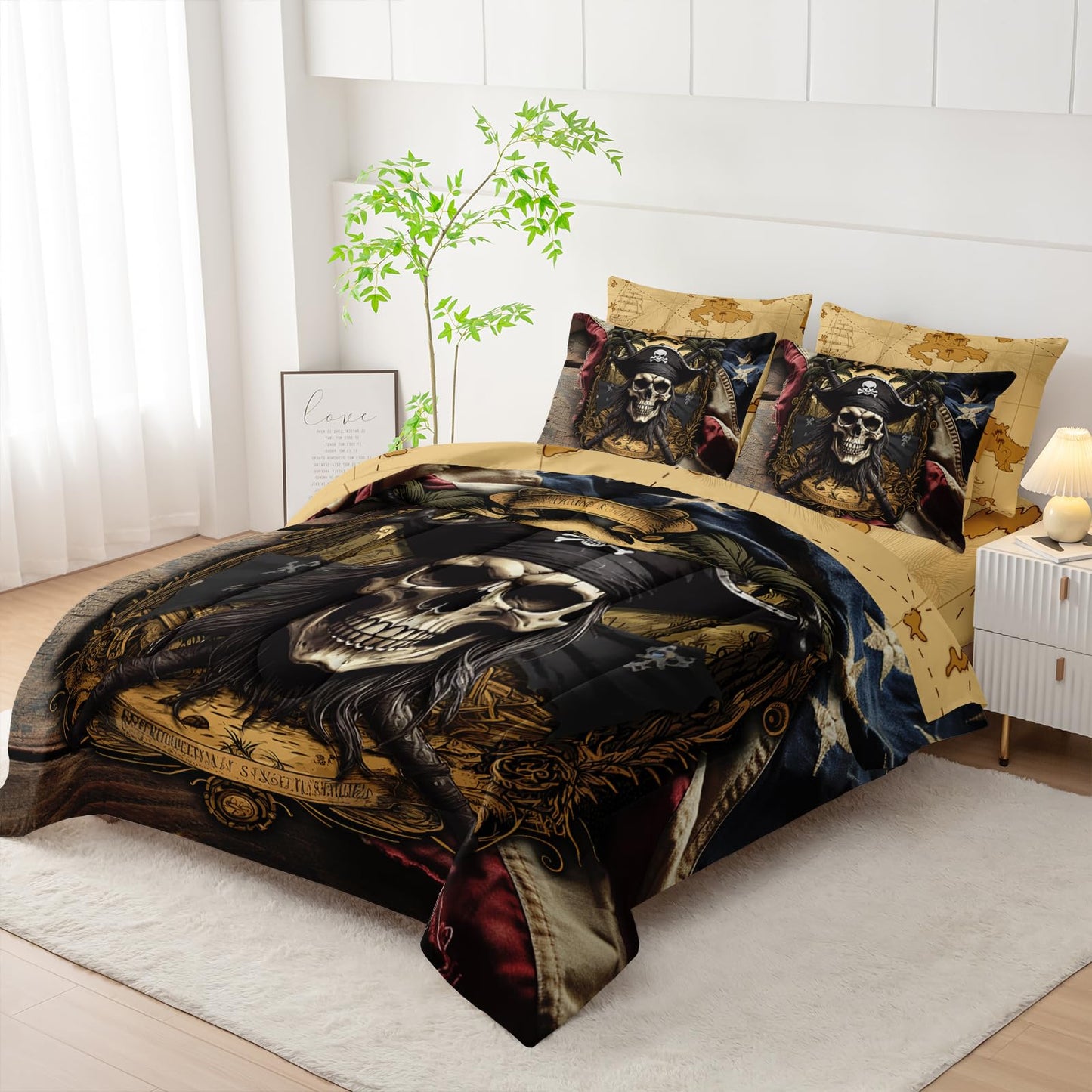AILONEN Pirate Skull Comforter Set Queen Size,7-Piece Soft Bed in a Bag,Retro American Flag Captain Skull Comforter & Fitted Sheet & Flat Sheet & 2 Pillowcases,2 Pillow Shams