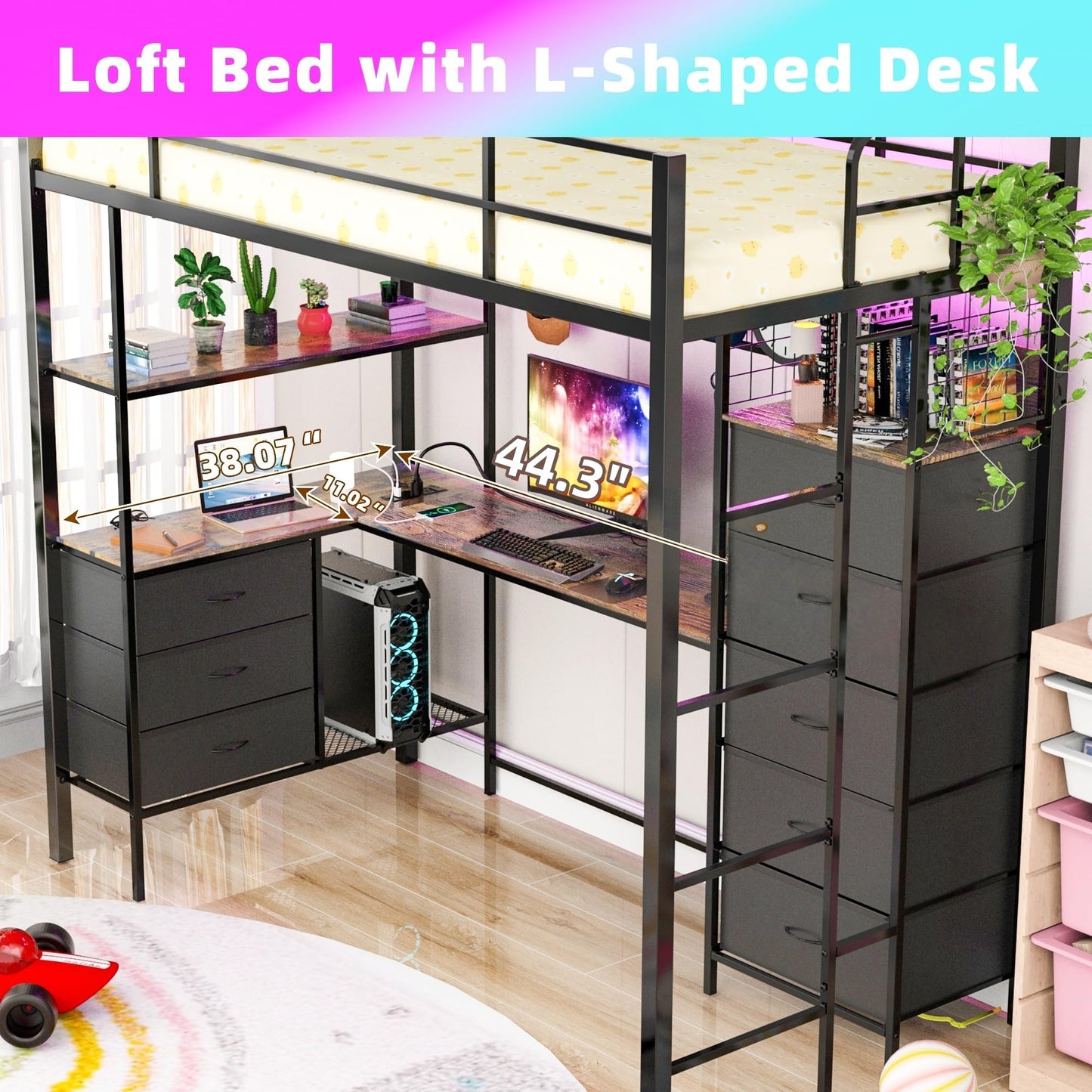 Godchoices Twin Size Loft Bed with L-Shaped Desk and 8 Storage Drawers, Metal Bunk Bed Frame with LED Lights,Power Outlet and 3 Storage Shelves,Twin Loft Bed with Safety Guardrail & Ladder (Black)