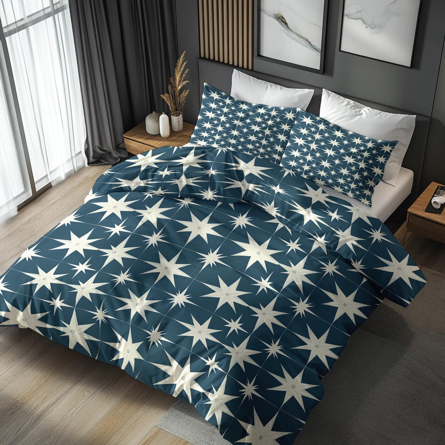 zcwl Mid Century Modern Duvet Cover Queen Size | 50S Retro Abstract Bedding Set | 3 Piece | Soft Microfiber Patterned Comforter Cover with Zipper Ties & 2 Pillowcases | Starburst Bedroom Decor