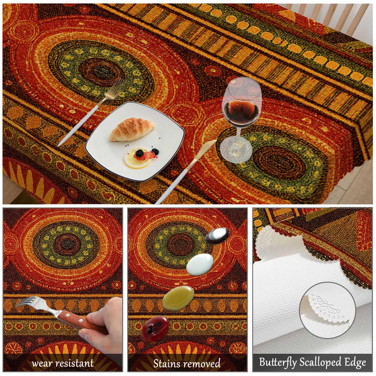Swono Tribal Pattern Table Cover Ethnic Geometric African Stripes Red 50x72 Inch Table Cloth for Rectangle Tables Buffet Parties Coffee BBQ and Dinning Tablecloth