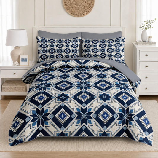 Boewywh Comforter Set Twin Size Geometric Blue Star 7 Pcs, Bedding for Kids and Adults, Farmhouse Vintage Bed Sheet Sets with Fitted Sheet 2 Pillowcases & 2 Shams for Bedroom Bed Decor