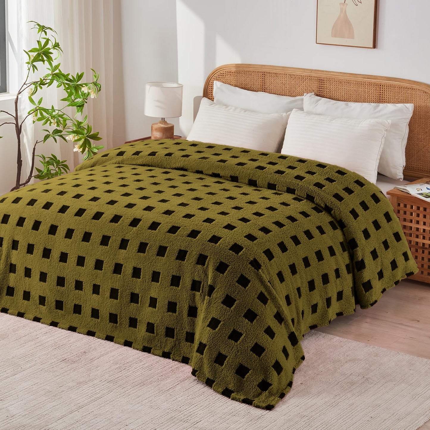 FY FIBER HOUSE Checkered Fluffy Blanket 340GSM - 3D Grid Pattern Soft Fuzzy Throw for Bed Couch Sofa, 50"x60", Olive Green