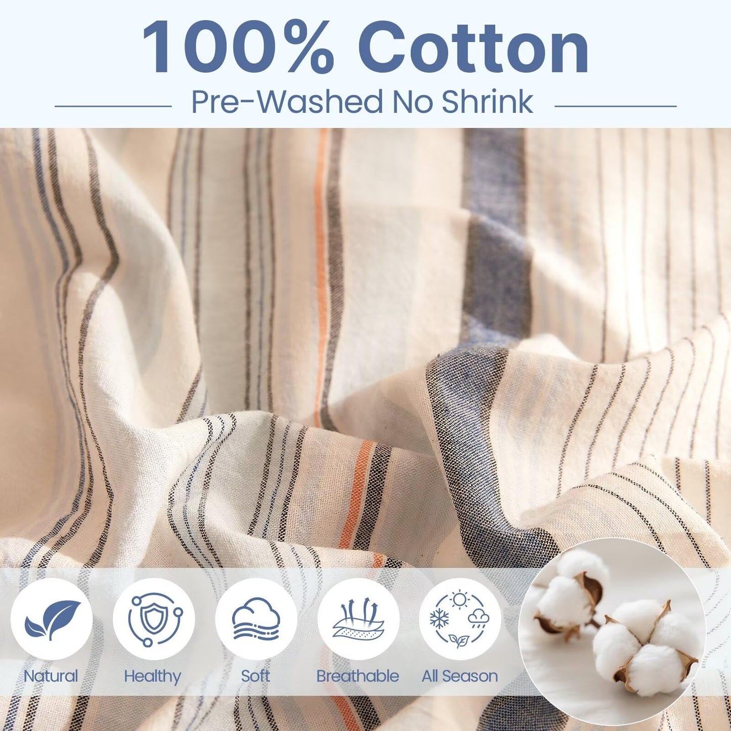 AMZTOP Soft 100 Cotton King Size Duvet Cover Set 3 Pcs,1 Duvet Cover and 2 Pillowcases,Chic Simple Blue Striped Design Bed Set,Zipper Closure Comforter Covers King Size 104"×90"