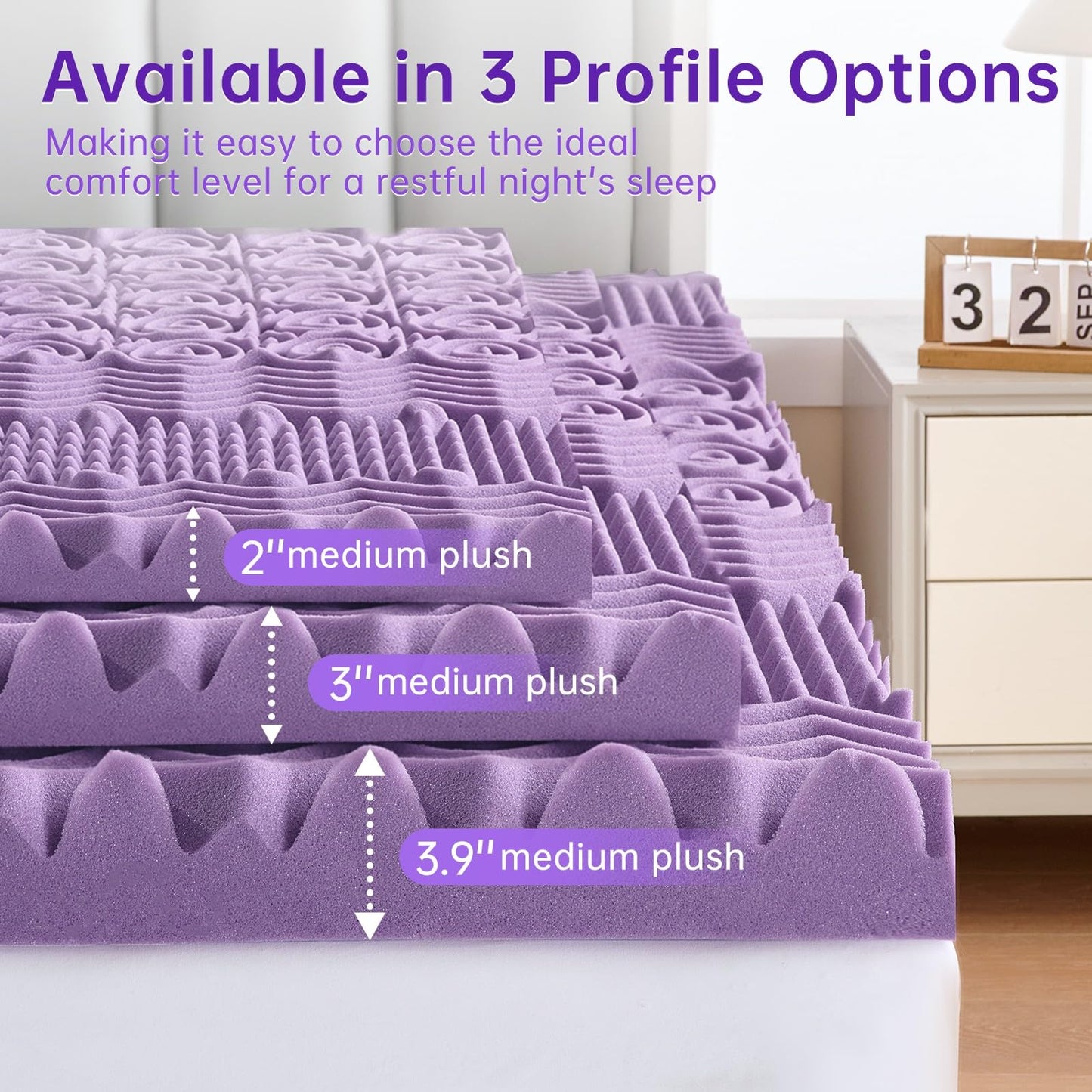 MUXHOMO 3 Inch 7-Zone Queen Mattress Topper, Egg Crate Memory Foam Mattress Topper Queen Size for Back Pain, Lavender Cooling Gel Infused Bed Pad, CertiPUR-US and Oeko-TEX Certification (60"×80")