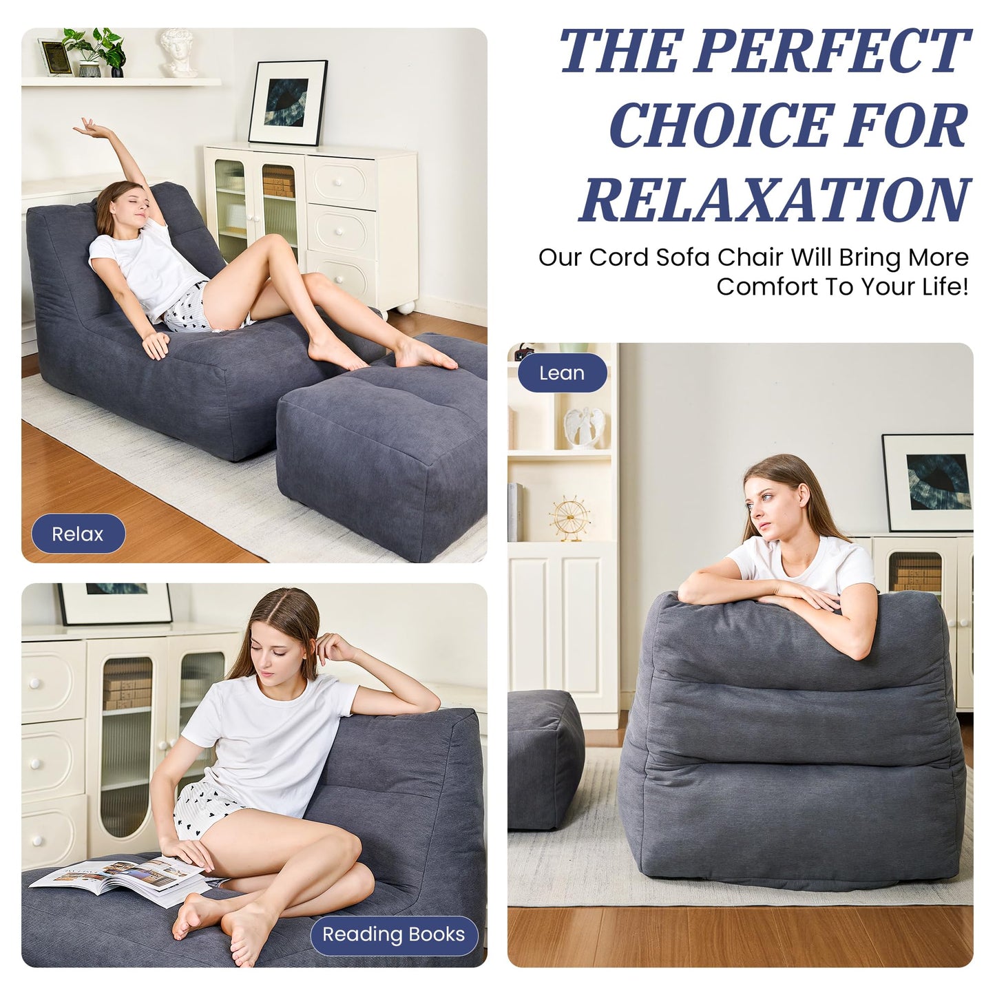 Stmoze Bean Bag Chair with Ottoman, Giant Bean Bag Chairs for Adults with Memory Foam, Comfy Bean Bag Sofa for Bedroom, Lounge Beanbag of Reading and Gaming with Filler Included (Grey)
