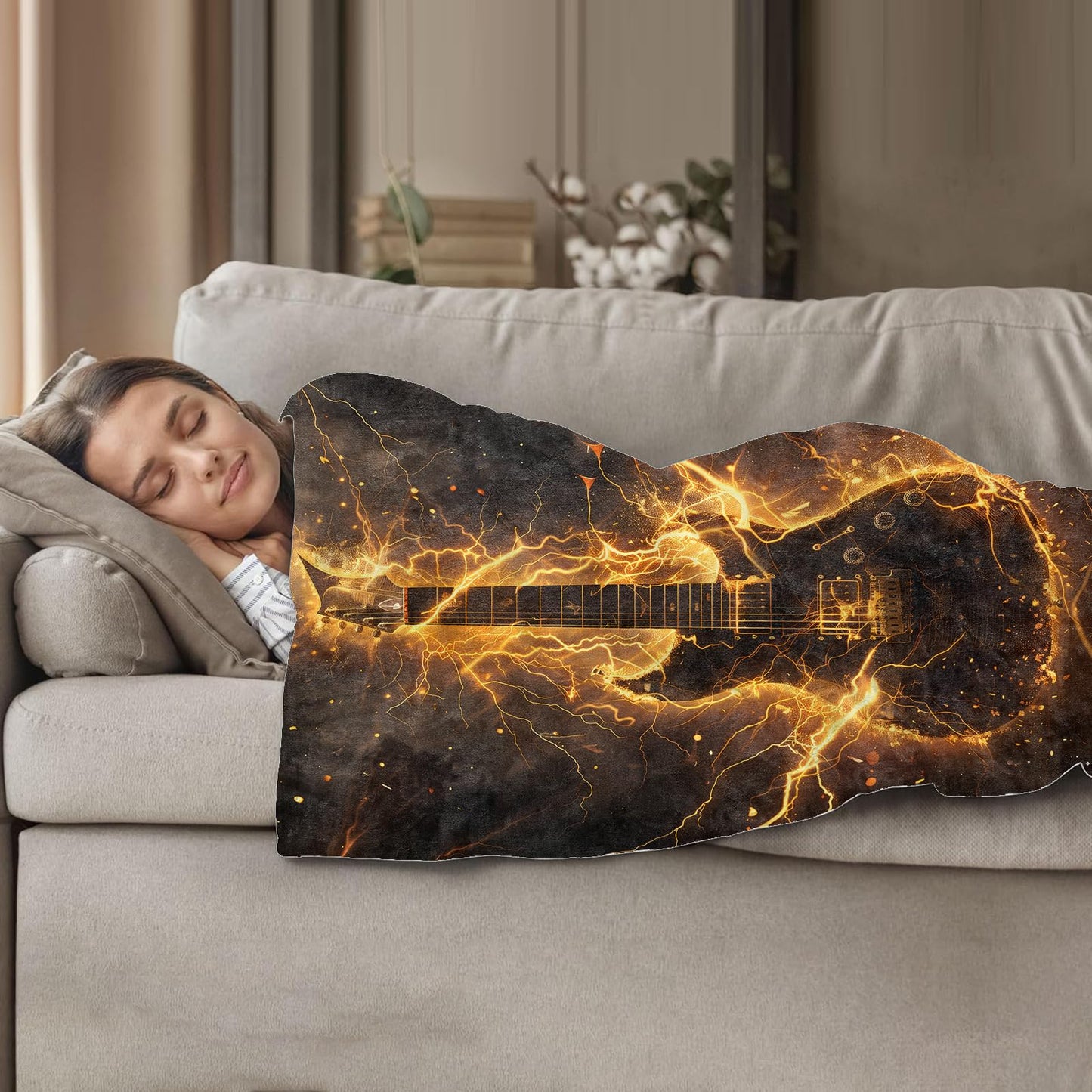 Plistiz Fiery Electric Guitar Throw Blanket 50"x60", Rock Music Theme Blankets for Living Room Couch, Home, Sofa Decor, Soft Flannel Guitar Gifts for Women
