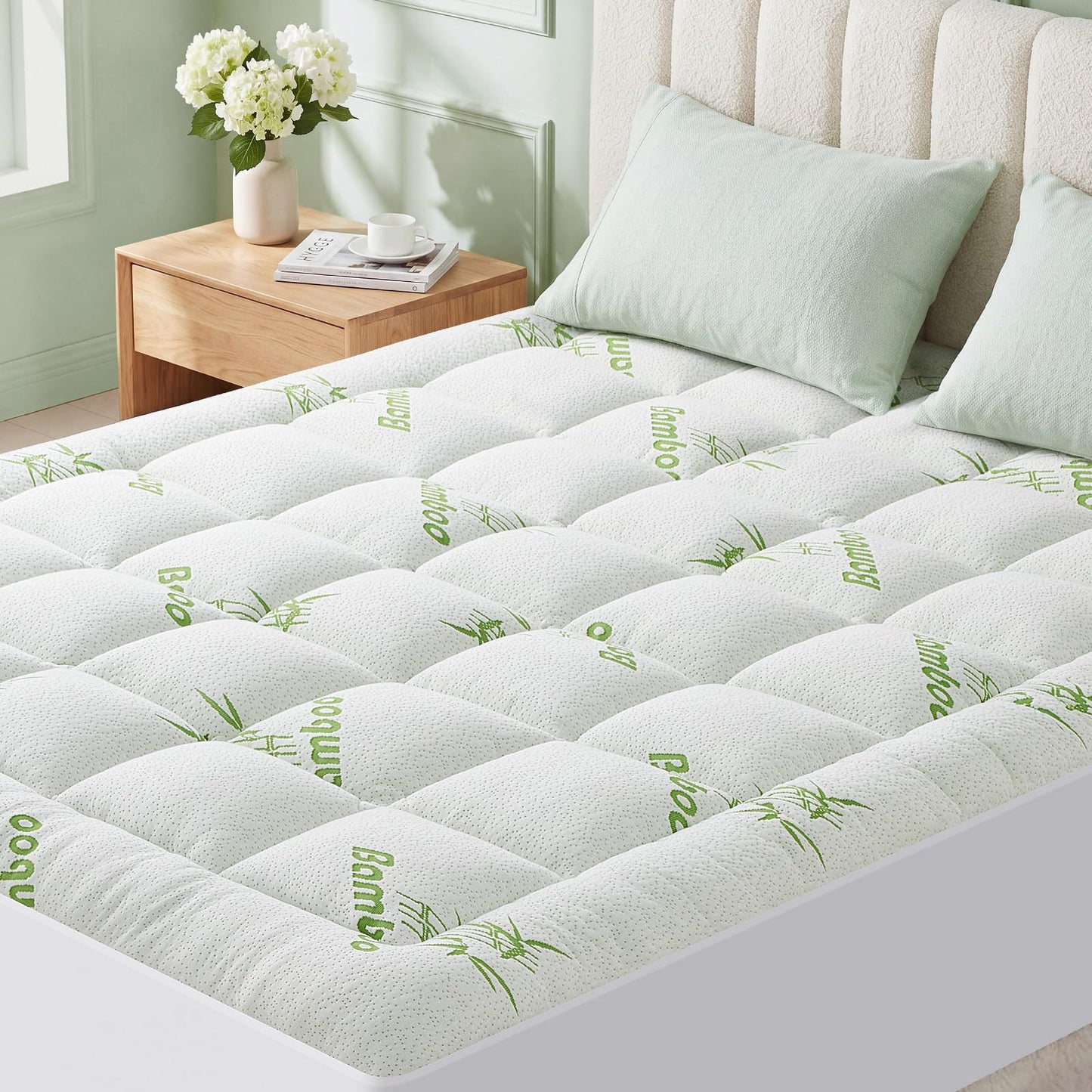 California King Size Mattress Topper Viscose Made from Bamboo, Extra Thick Quilted Pillow Top, Naturally Cooling & Breathable for Hot Sleepers, Back Pain Relief, Deep Pocket Skirt Fits 6-18", Green