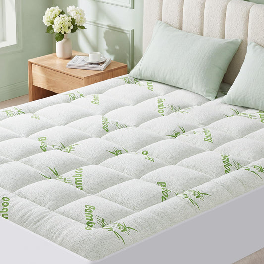 Queen Size Mattress Topper Viscose Made from Bamboo, Extra Thick Quilted Pillow Top, Naturally Cooling & Breathable for Hot Sleepers, Back Pain Relief, Deep Pocket Skirt Fits 6-18", Green