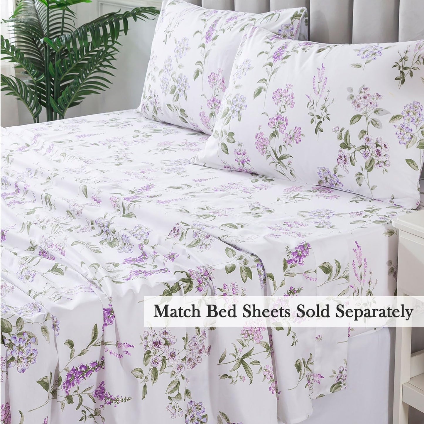 FADFAY Purple White Floral Duvet Cover Sets King/Cal King 100% Cotton Lilac Lavender Reversible Comforter Cover French Country Bedding All Season Soft Crisp Green Leaves Bed Cover with Zipper 3Pcs