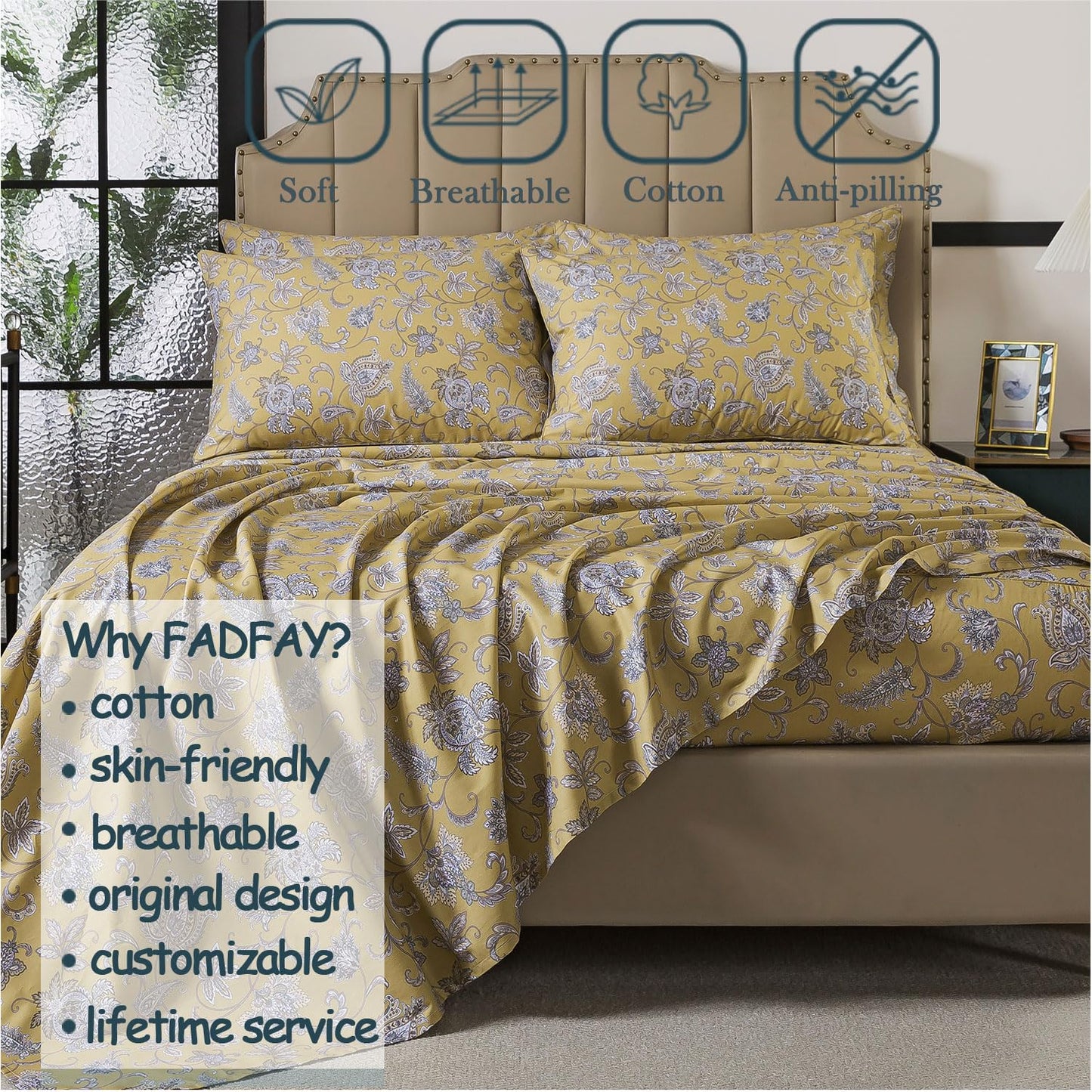 FADFAY 100% Cotton Queen Sheet Set, Olive Green Paisley Floral Bed Sheets, Deep Pocket Fitted Sheet, Pet-Friendly Soft Breathable Cozy Bedding for All Seasons, 4-Piece