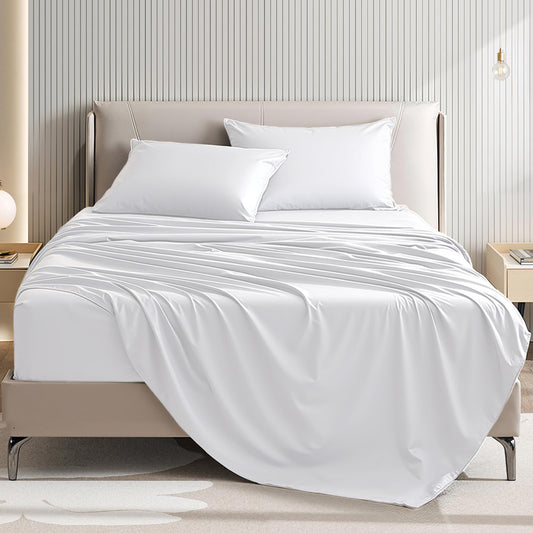 USXIBEI Queen Size 4 Piece Sheet Set - Comfy Breathable & Cooling Bed Sheets Set, Soft and Wrinkle Free, Deep Pockets, Easy & Secure Fit, Hotel Luxury Bedding for Women, Men - Oeko-Tex - White