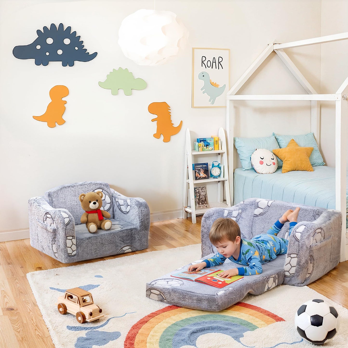 Lamerge 2-in-1 Toddler Couch,Glow in The Dark Baby Floor Bed,Foldable Toddler Chair Kids Sofa for playroom,Convertible Sofa to Lounger for Girls and Boys (Grey and Football)