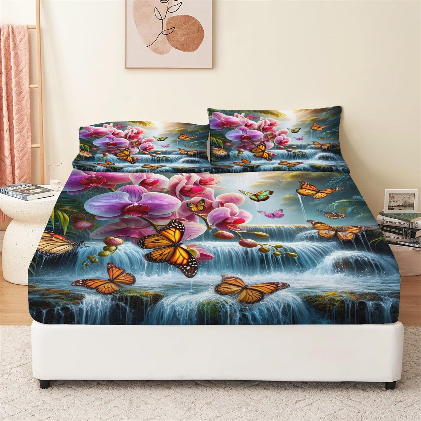 King Sheet Set, Waterfall Flower Butterfly Green 4 Pieces Cooling Bedding Sheets & Pillowcases, Breathable Brushed Microfiber, Extra Soft Bed Sheet Set with Deep Pocket
