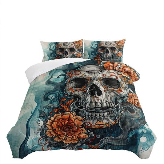 Blue Color Skull Comforter Set Twin Size，Gothic Fog Skull Skeleton Comforter Set Sugar Skull Comforter Set cyan-blue Floral Bedding Set Gothic Skull Print with 1 Comforter Set with 2 Pillowcases