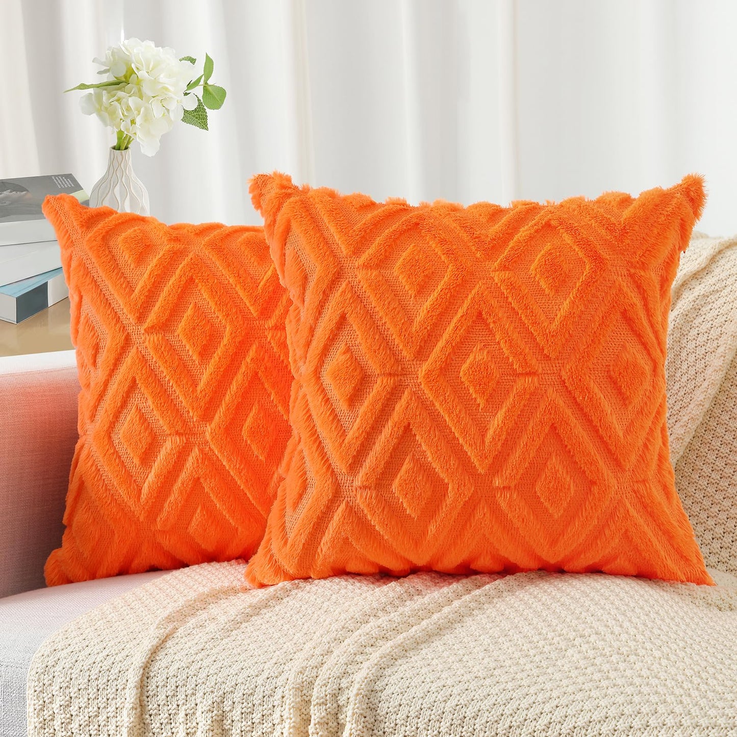 Pallene Fall Orange Throw Pillow Covers 16x16 Set of 2, Soft Plush Faux Fur Decorative Couch Pillow Covers for Sofa Bed Living Room Pillow Cases with 3D Diamond Pattern