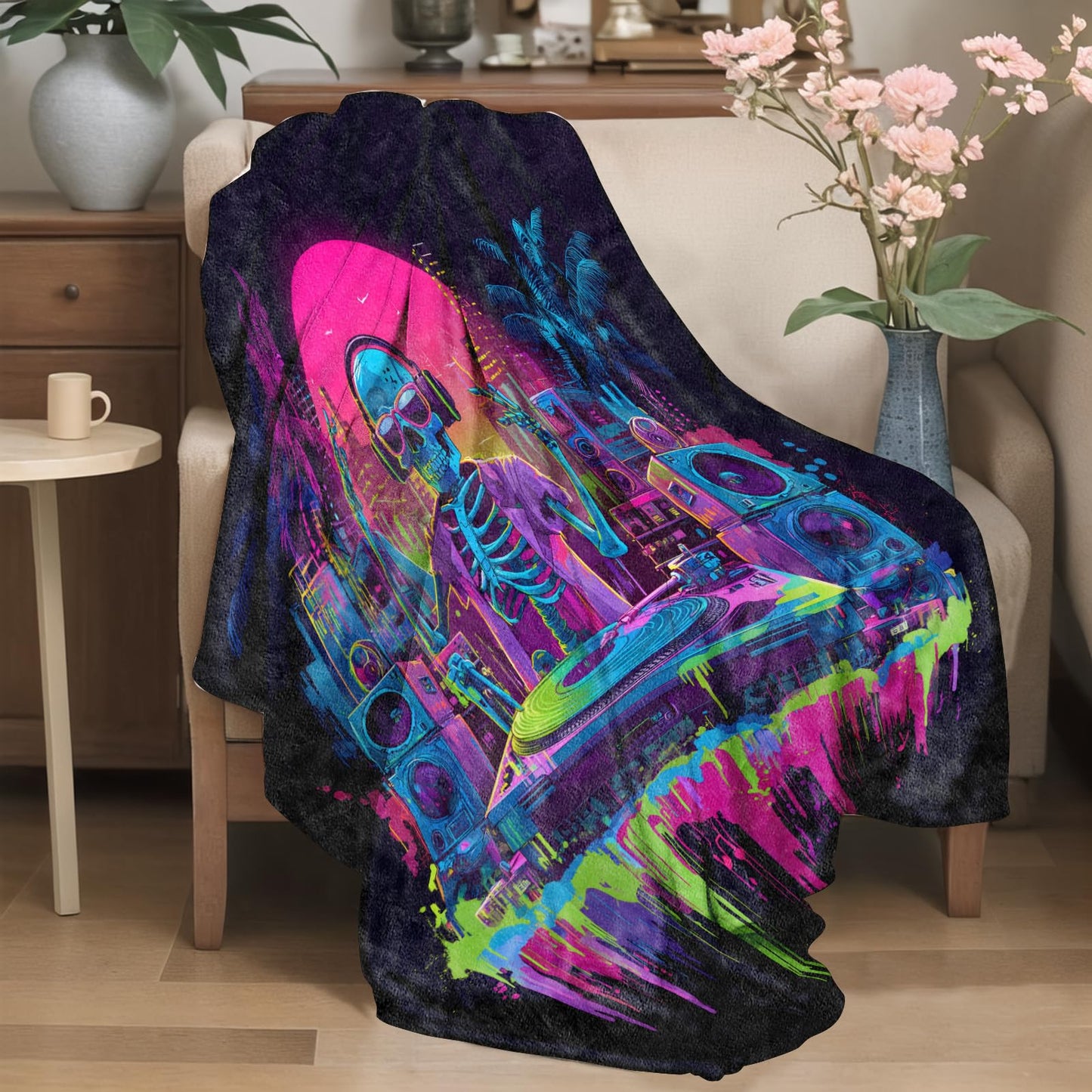 YCUFN Vibrant Skull Flannel Blanket Neon Skeleton Design Warm Lightweight Throw Blankets for Sofa Picnic Travel and Gathering Decorate All Season Use Street Art Style Lovers Gifts 50x60in