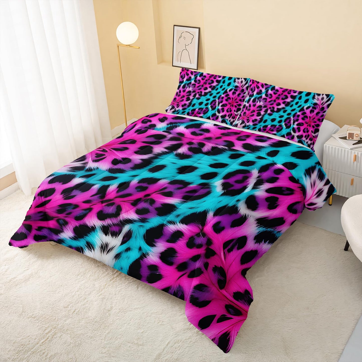 QOOMO 3Pcs Leopard Print Comforter Set Twin,Cheetah Bedding Set for Teens Boys Girls,Pink and Blue Printed Comforter with 2 Pillowcases,Down Alternative,Soft and Lightweight