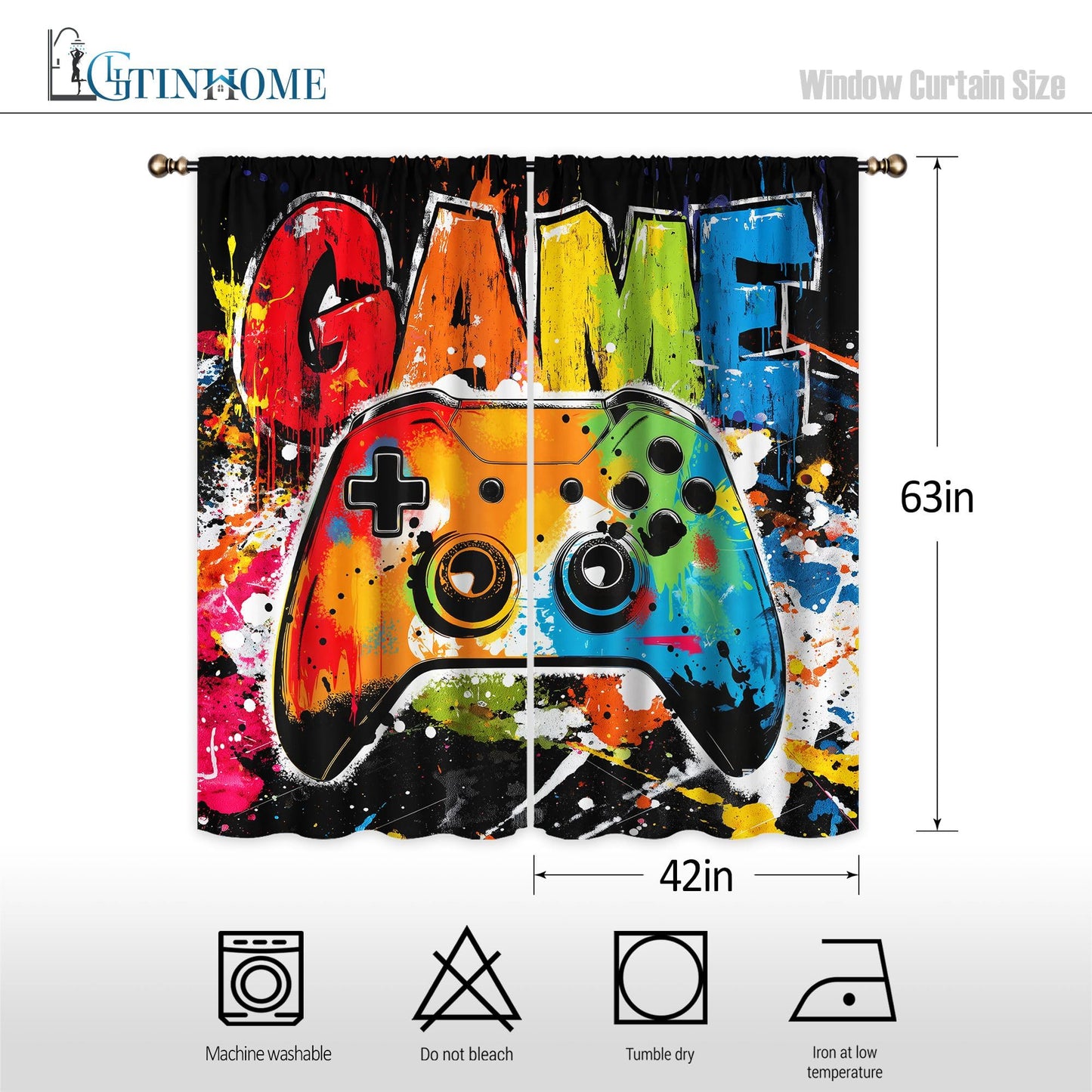 LIGHTINHOME Gaming Curtains 42Wx63H Inch Video Game Graffiti Kids Controller Gamepad Cool Gamer Rod Pocket Boys Bedroom Living Room Window Drapes Treatment Fabric 2 Panels
