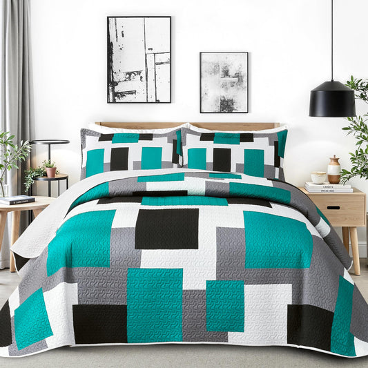 Tyrot 3 Piece Teal/Turquoise Grey Quilt Set King Size Black White Geometric Reversible Bedding Set Microfiber Lightweight Bedspread Coverlet with 2 Shams Modern Bed Covers for All Season, 106''x96''